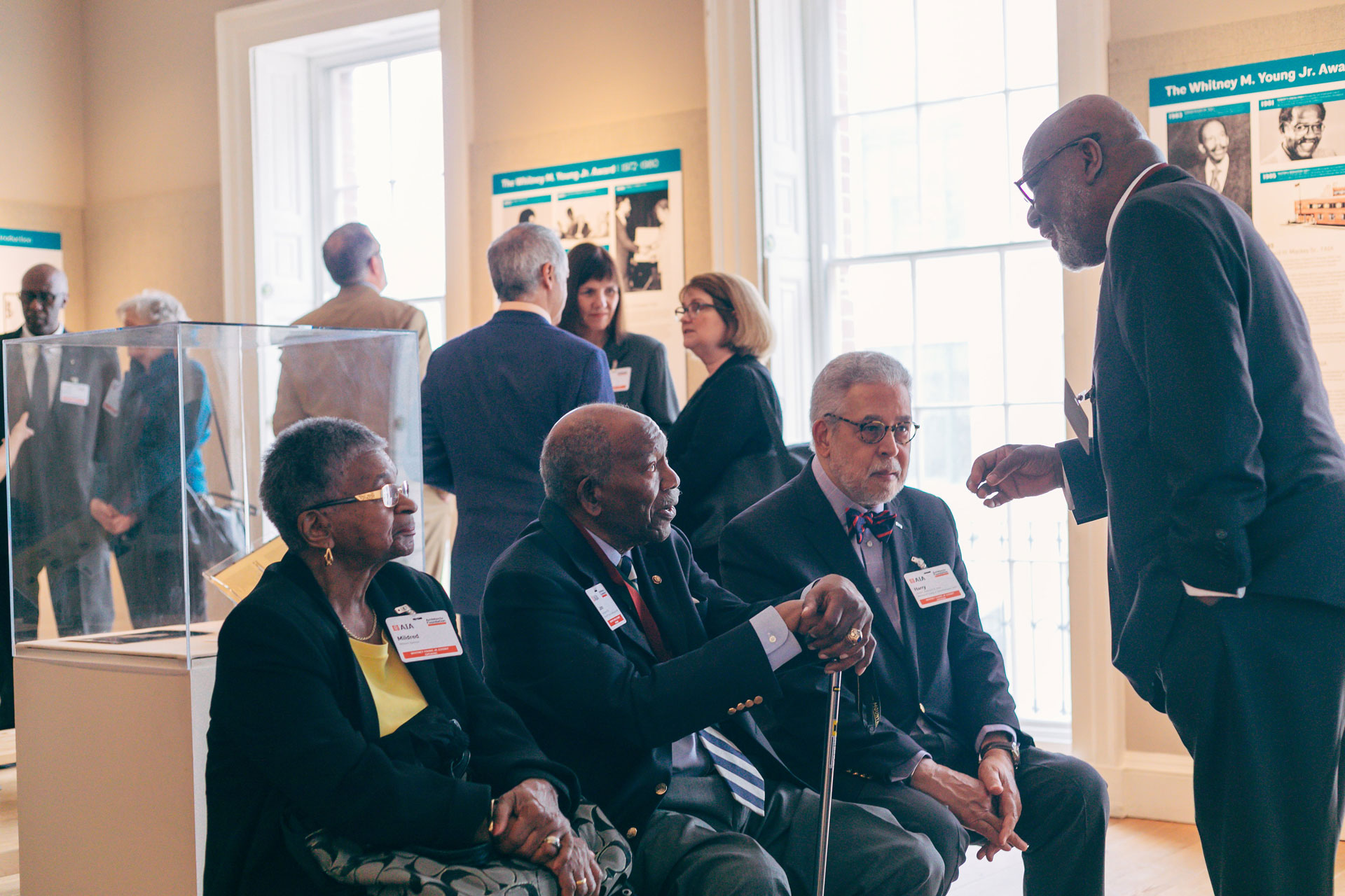 Past recipients of the AIA's Whitney Young, Jr. award mingle at a reception honoring the late civil rights leader and the AIA's commitment to Justice, Equity, Diversity and Inclusion, including AF's scholarship programs.